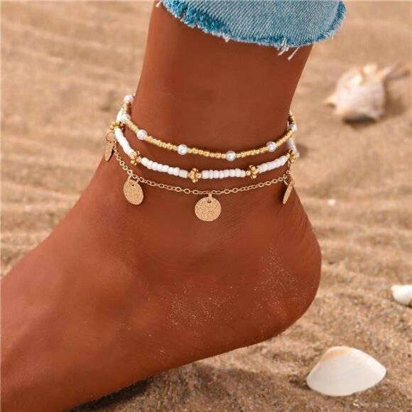 Shell Anklet Set for Women Gold Starfish Pearl Heart Beach Adjustable Jewelry - Picture 3 of 7